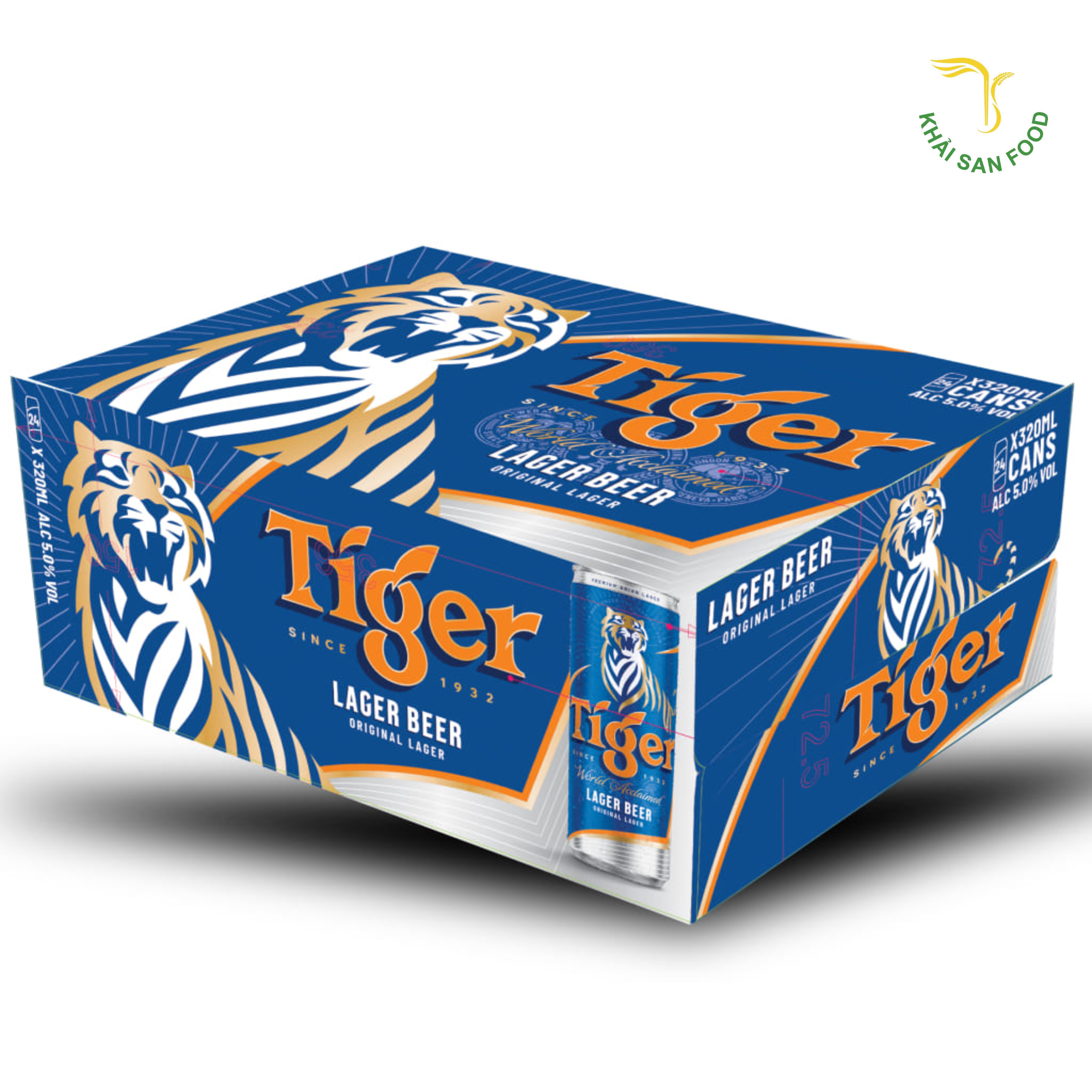 Thiết kế bia Tiger đặc trưng với hình con hổ và màu xanh cam