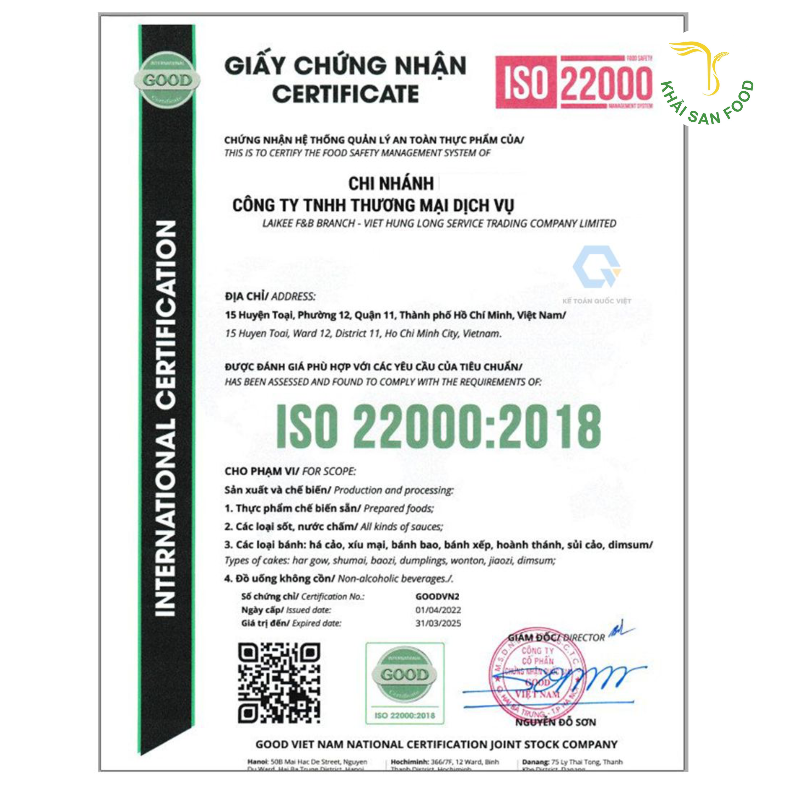 Giấy chứng nhận ISO 22000 và các giấy chưgs nhận cơ sở đủ điều kiện vsattp, brc
